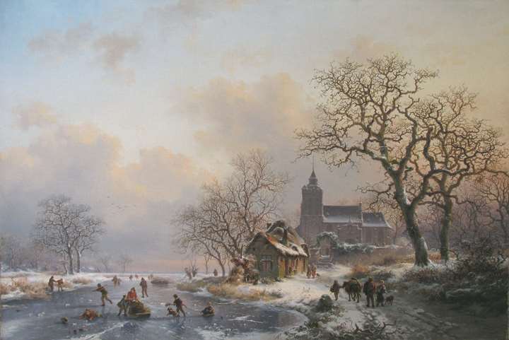 A winter landscape with skaters on a frozen river